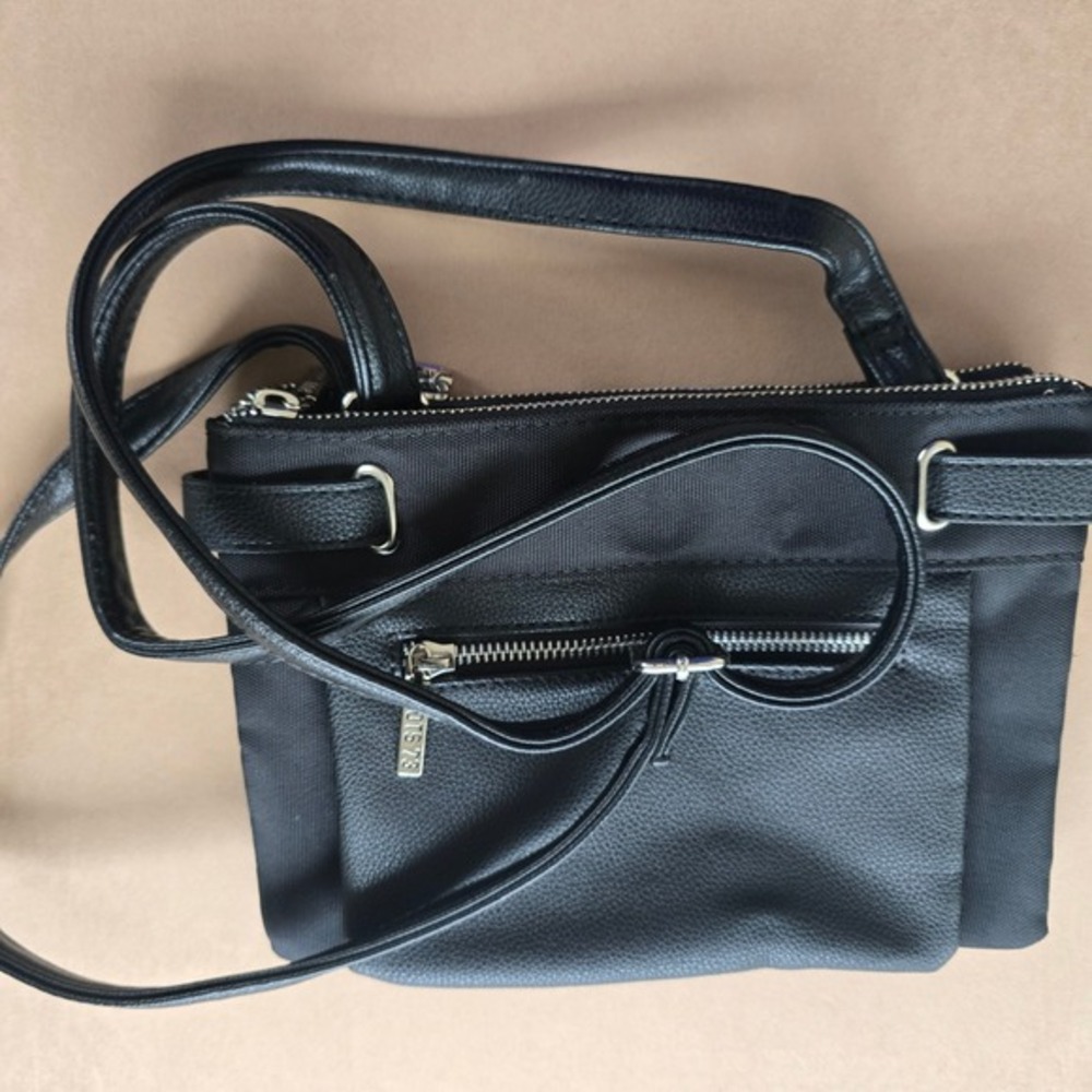 Roots 73 Black Faux Leather Nylon Crossbody Bag‎ Adjustable Strap Zipper Pockets - Picture 16 of 16